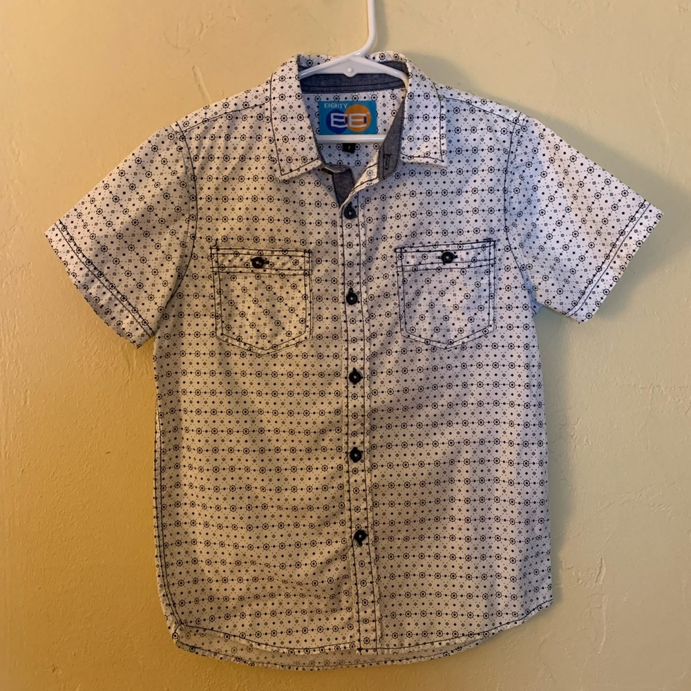 Eighty-Eight Boys navy blue and white button down short sleeve shirt.